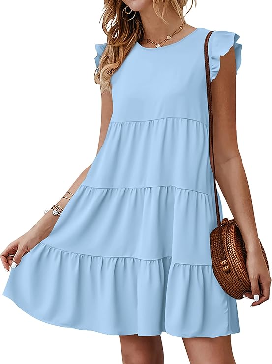 KIRUNDO Women's Summer Dresses Sleeveless Ruffle Sleeve Round Neck Solid Loose Short Flowy Pleated Mini Babydoll Dress
