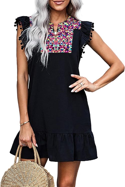 Women's 2025 Summer Mini Dress Casual V Neck Floral Embroidered Ruffle Sleeveless Shift Flowy Boho Dress